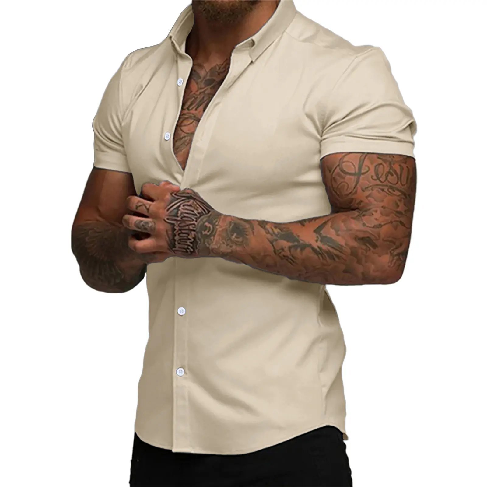 ⚡Hot Sales 49% OFF🔥Mens Muscle Fit Dress Shirts Casual Button Down Shirt Short Sleeve Wrinkle-Free Shirts