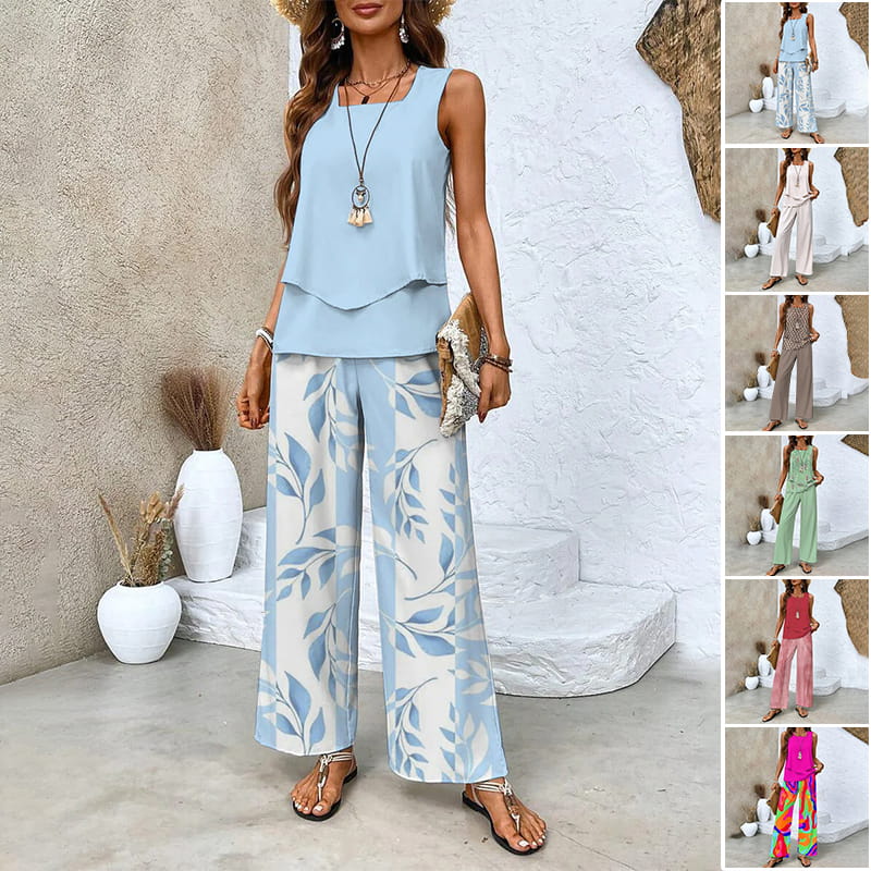 🔥50% OFF🌺Fashionable two-piece women's outfits with printed sleeveless top & pants