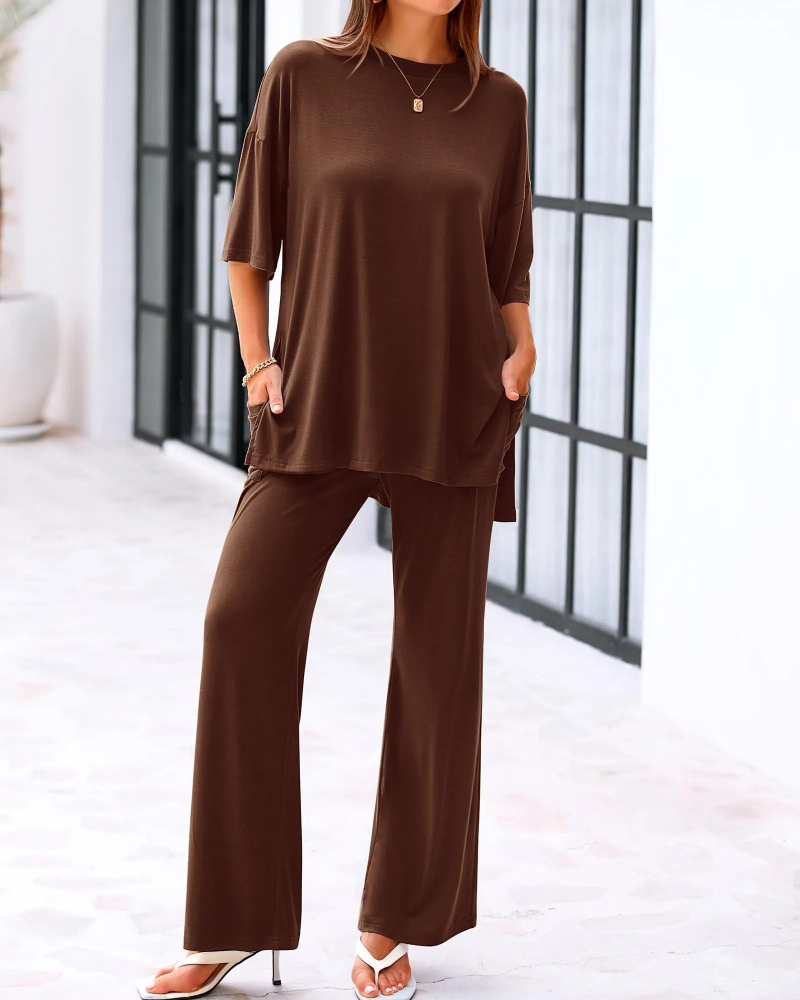 Casual 2-Piece Loose-Fit Short Sleeve Top & Wide-Leg Pants Set with Pockets