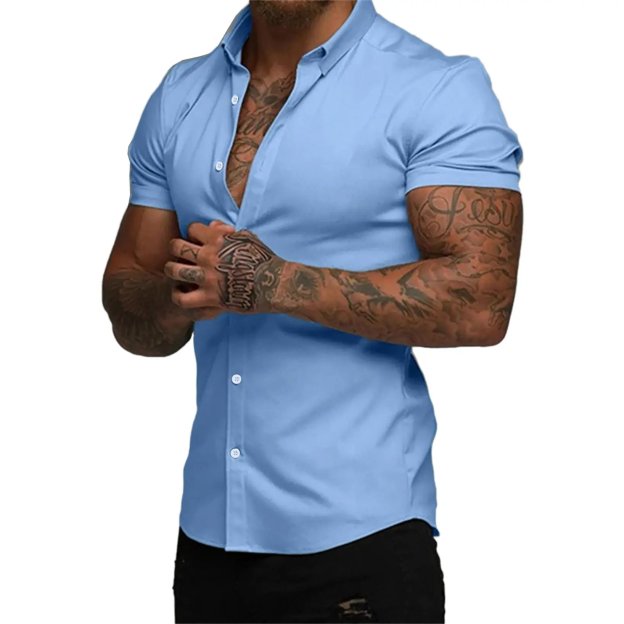 ⚡Hot Sales 49% OFF🔥Mens Muscle Fit Dress Shirts Casual Button Down Shirt Short Sleeve Wrinkle-Free Shirts