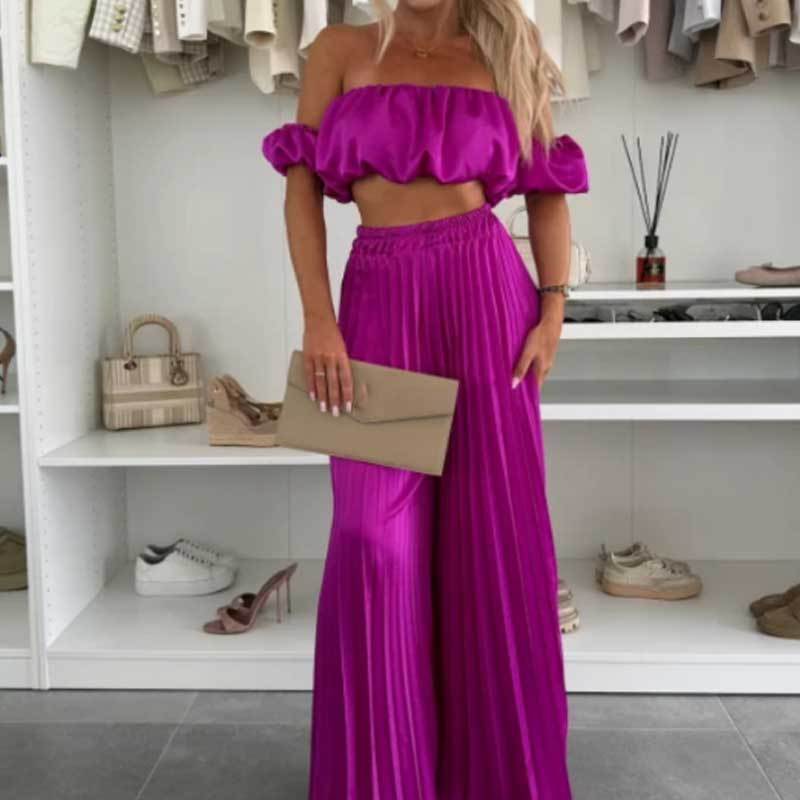 💖LAST DAY SALE 60% OFF💖Women’s Sexy Solid Color Top Wide Leg Pants Two Pieces Set