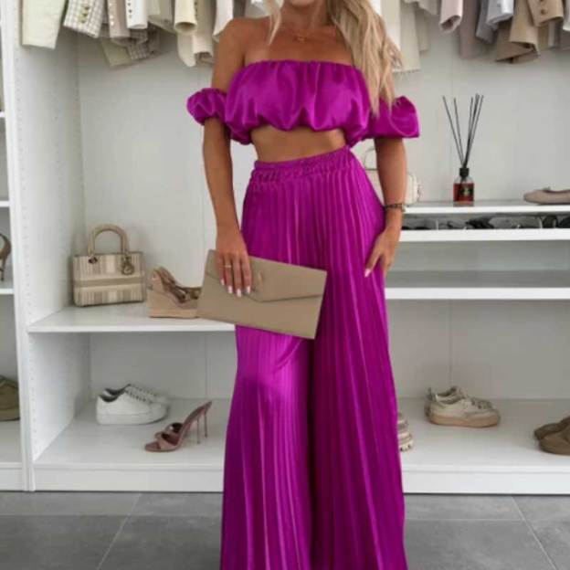 💖LAST DAY SALE 60% OFF💖Women’s Sexy Solid Color Top Wide Leg Pants Two Pieces Set