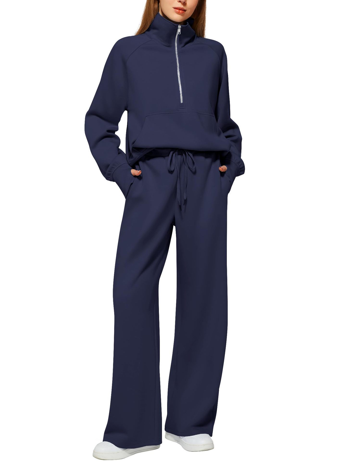 CLEARANCE SALE🔥 Women's Solid Color Cotton Half Zip Two-Piece Set