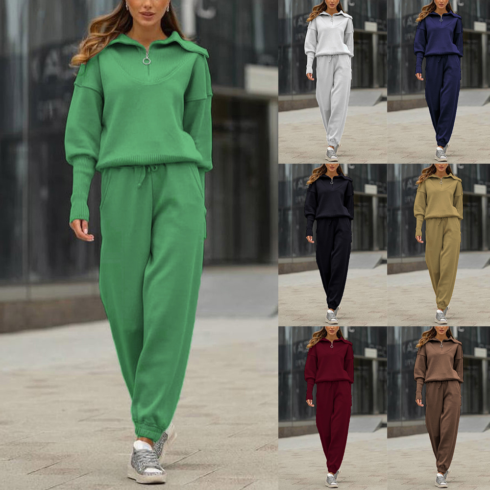 NEW🔥 2026 Women's Cotton Two-Piece Oversized Half-Zip Lapel Sweatshirt  Sweatpants Casual Suit