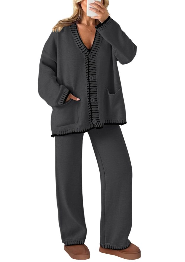 NEW🔥 2026 Women's Cotton Two-Piece Knit Leisure Suit Long Sleeved V Neck Cardigan Sweater Wide Legged Pants Sportswear