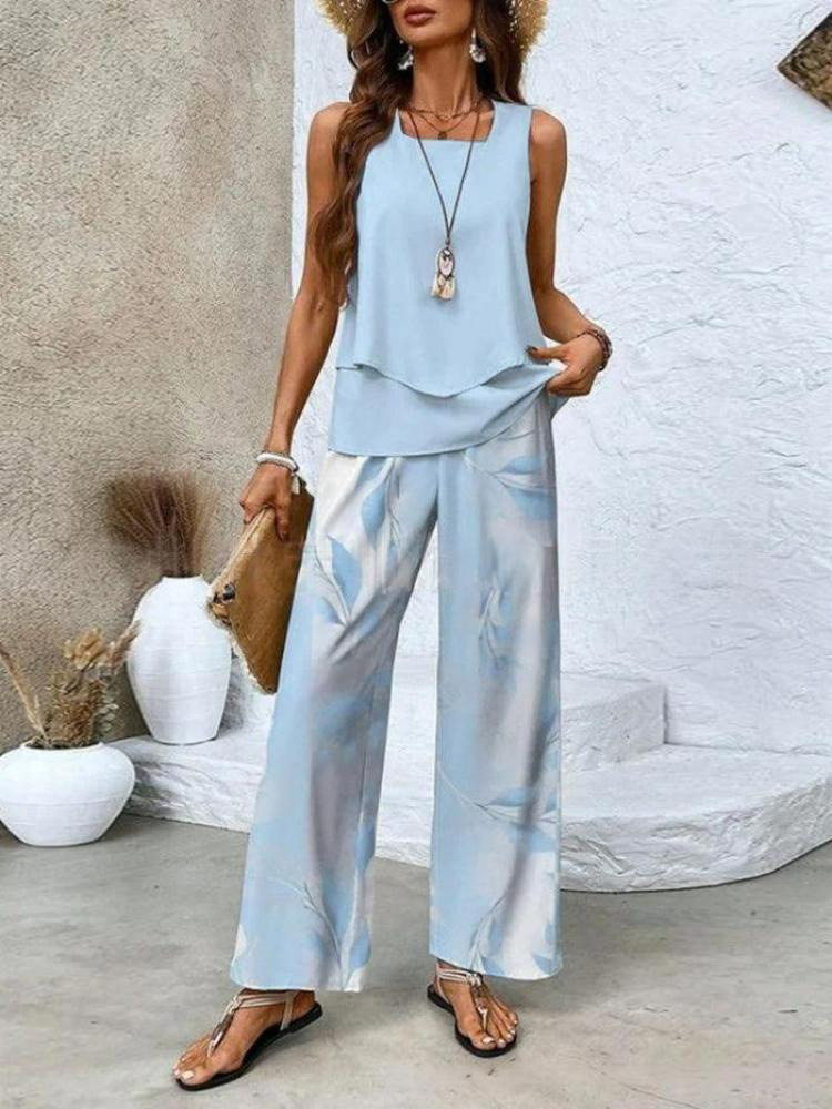 🔥50% OFF🌺Fashionable two-piece women's outfits with printed sleeveless top & pants