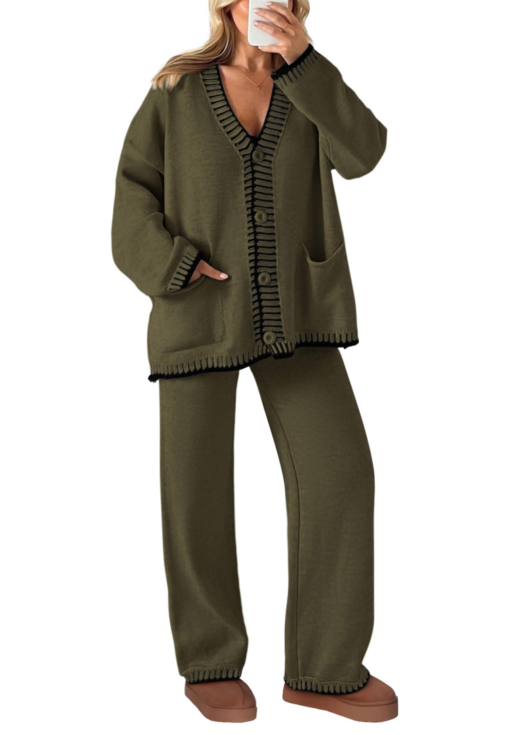 NEW🔥 2026 Women's Cotton Two-Piece Knit Leisure Suit Long Sleeved V Neck Cardigan Sweater Wide Legged Pants Sportswear