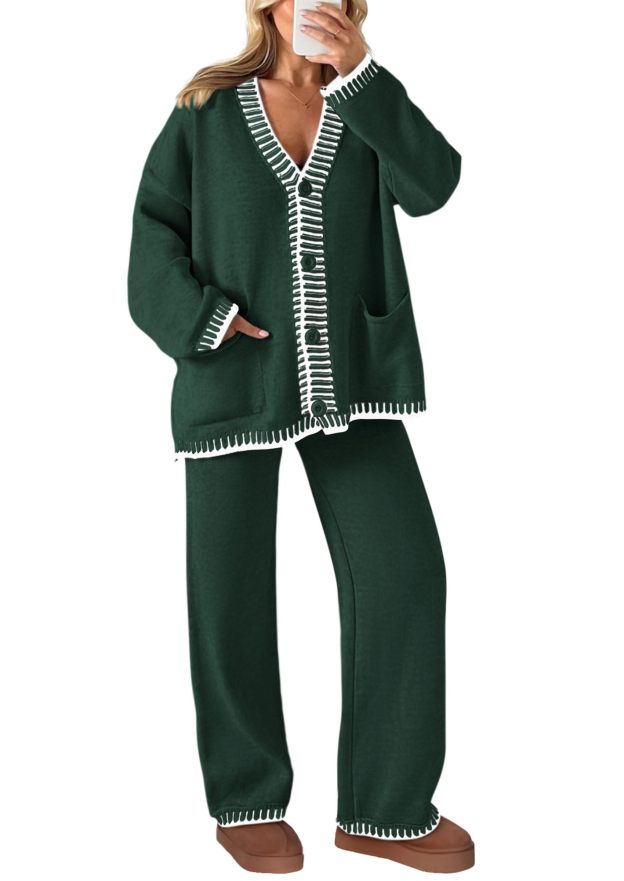 NEW🔥 2026 Women's Cotton Two-Piece Knit Leisure Suit Long Sleeved V Neck Cardigan Sweater Wide Legged Pants Sportswear