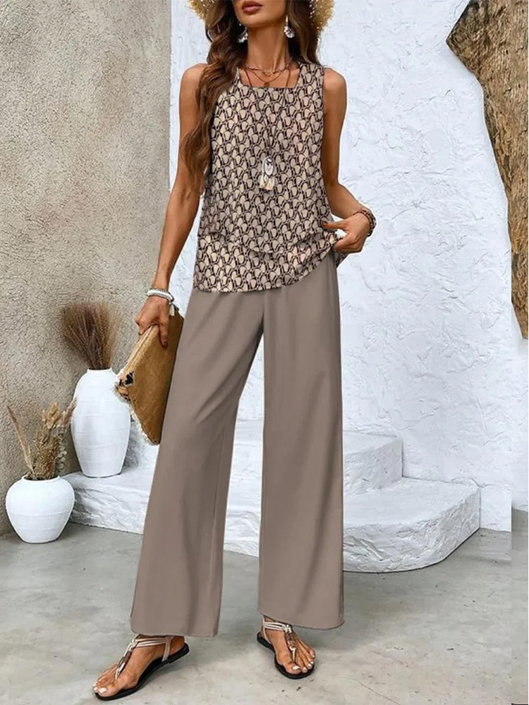 🔥50% OFF🌺Fashionable two-piece women's outfits with printed sleeveless top & pants