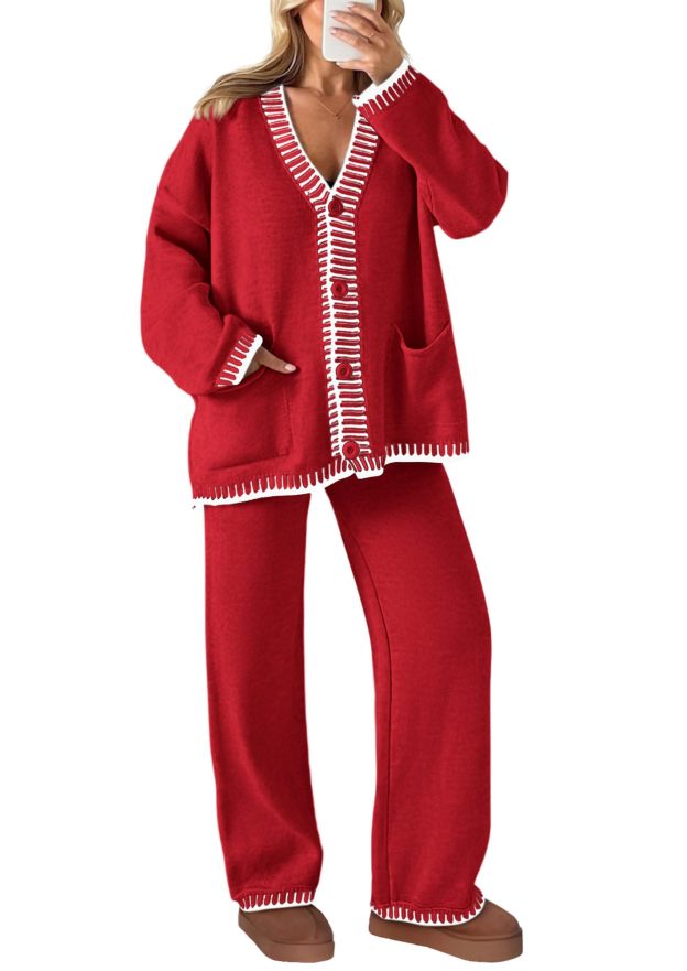 NEW🔥 2026 Women's Cotton Two-Piece Knit Leisure Suit Long Sleeved V Neck Cardigan Sweater Wide Legged Pants Sportswear