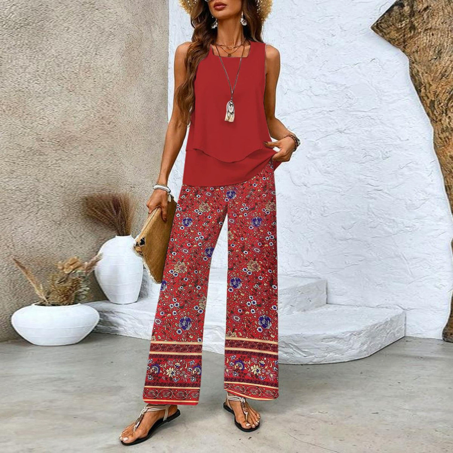 🔥50% OFF🌺Fashionable two-piece women's outfits with printed sleeveless top & pants