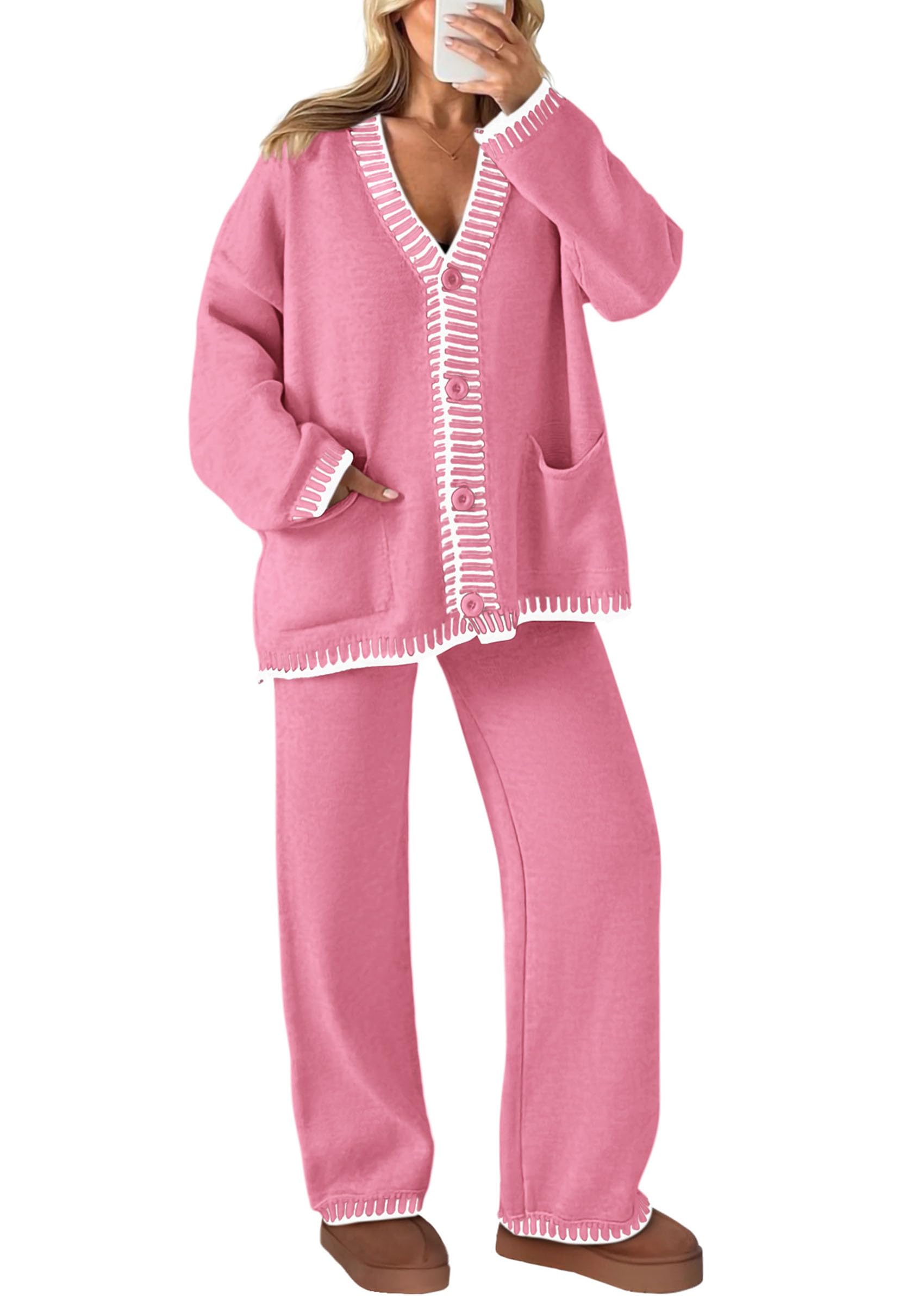 NEW🔥 2026 Women's Cotton Two-Piece Knit Leisure Suit Long Sleeved V Neck Cardigan Sweater Wide Legged Pants Sportswear