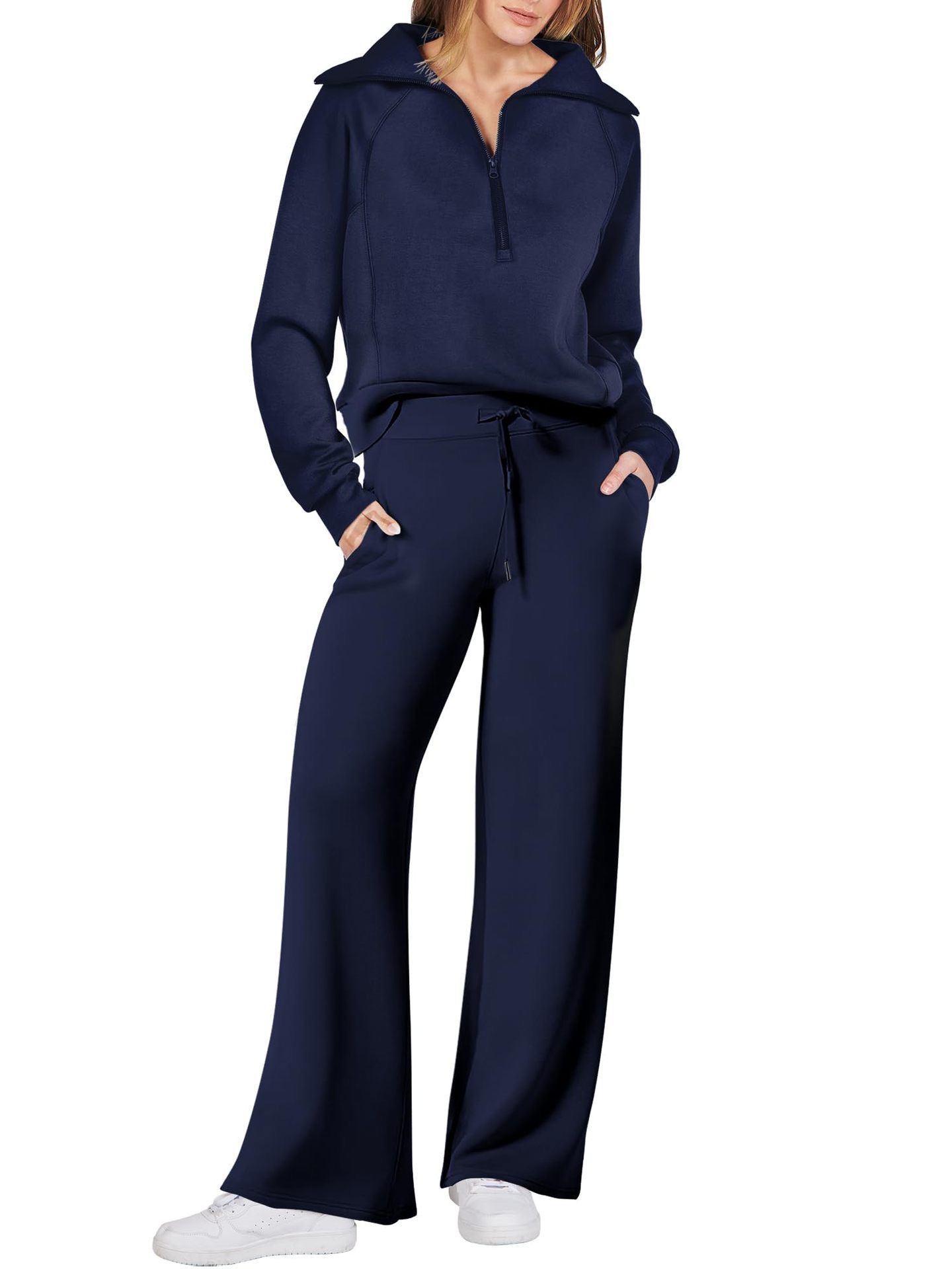 Women's Cotton Two-Piece Oversized Half-Zip Sweatshirt Wide Leg Sweatpants Casual Suit