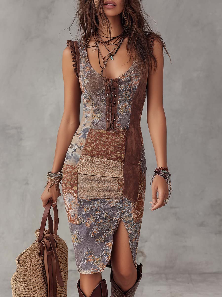 Retro lace-up flutter-sleeve floral patchwork polyester suede midi dress - front view