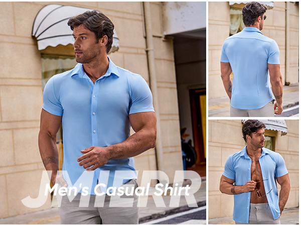 ⚡Hot Sales 49% OFF🔥Mens Muscle Fit Dress Shirts Casual Button Down Shirt Short Sleeve Wrinkle-Free Shirts