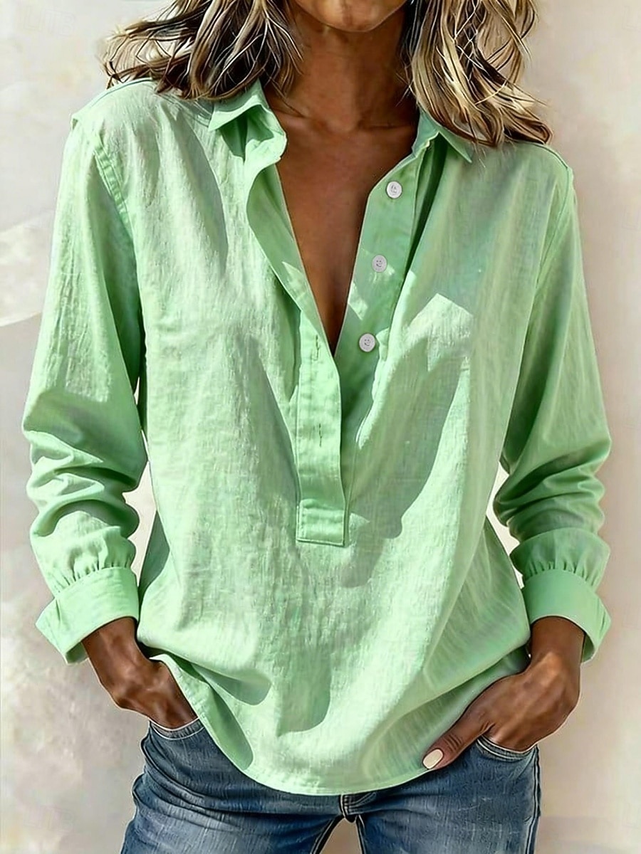 Women's Solid Color Lapel Casual Long Sleeve Cotton Linen Shirt