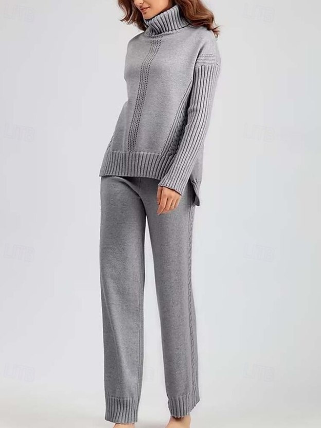 Turtleneck Sweater Co-ords Knitted Fall Winter Home Basic Casual Long Sleeve Solid Color Royal Blue Orange
