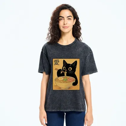 Tokyo-Tiger Cute Cat Eating Ramen Meme Washed T-Shirt