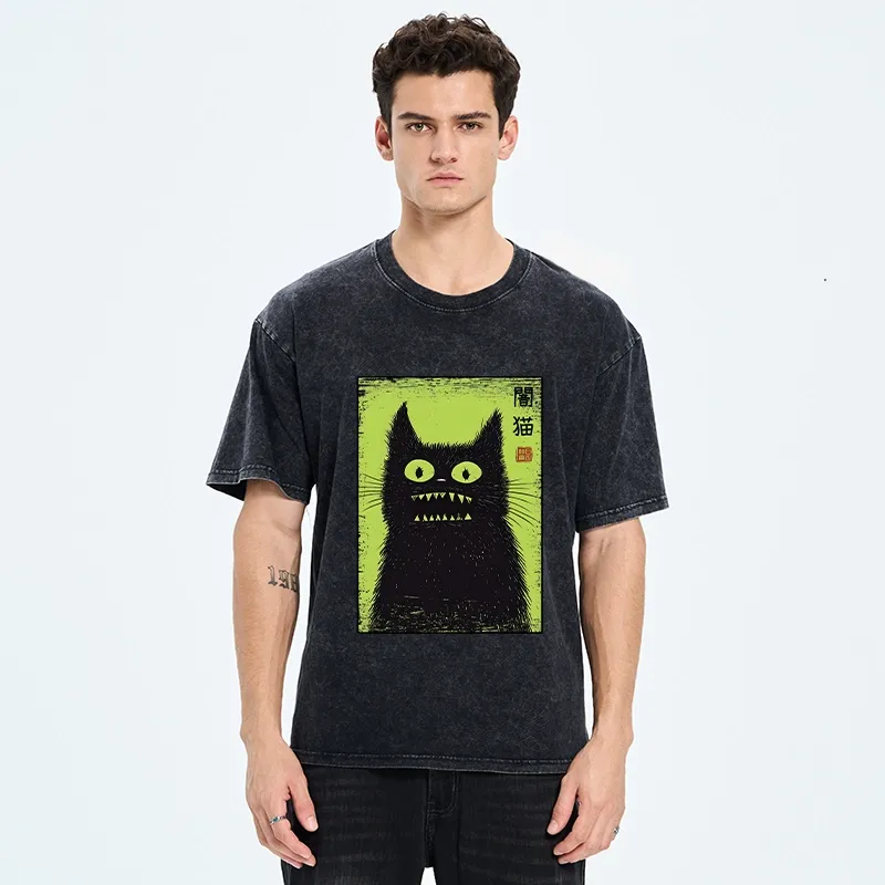Tokyo-Tiger Spooky Black Cat Japanese Washed T-Shirt