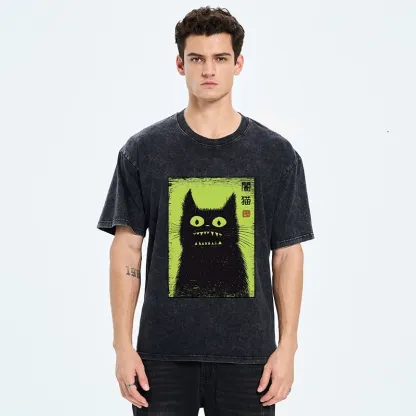 Tokyo-Tiger Spooky Black Cat Japanese Washed T-Shirt