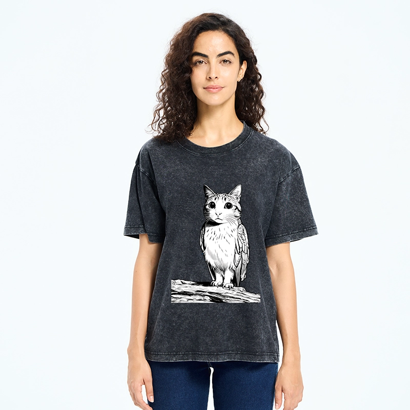 Tokyo-Tiger Funny Cat Owl Fusion Art Washed T-Shirt