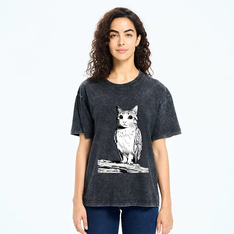 Tokyo-Tiger Funny Cat Owl Fusion Art Washed T-Shirt