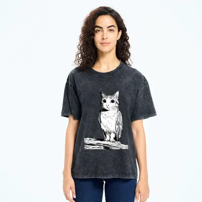 Tokyo-Tiger Funny Cat Owl Fusion Art Washed T-Shirt