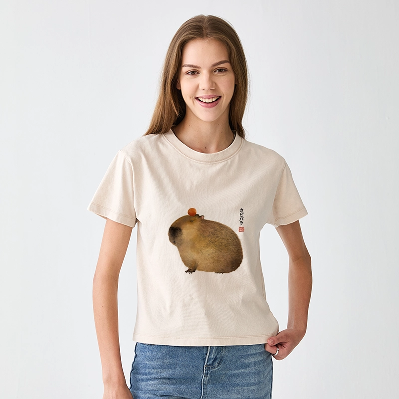Tokyo-Tiger Calm Capybara Illustration Women's Washed T-shirt