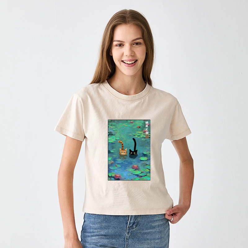 Tokyo-Tiger Funny Cats Swimming In Lilies Women's Washed T-shirt