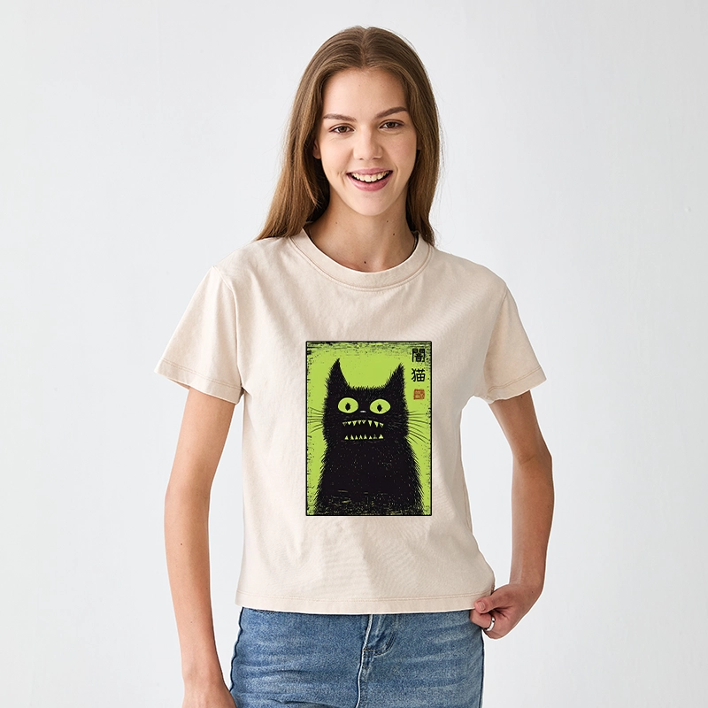 Tokyo-Tiger Spooky Black Cat Japanese Women's Washed T-shirt