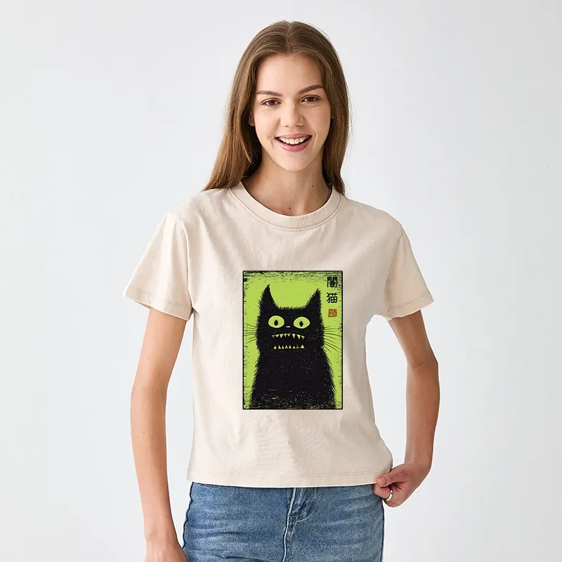 Tokyo-Tiger Spooky Black Cat Japanese Women's Washed T-shirt