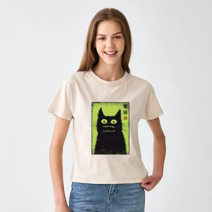 Tokyo-Tiger Spooky Black Cat Japanese Women's Washed T-shirt
