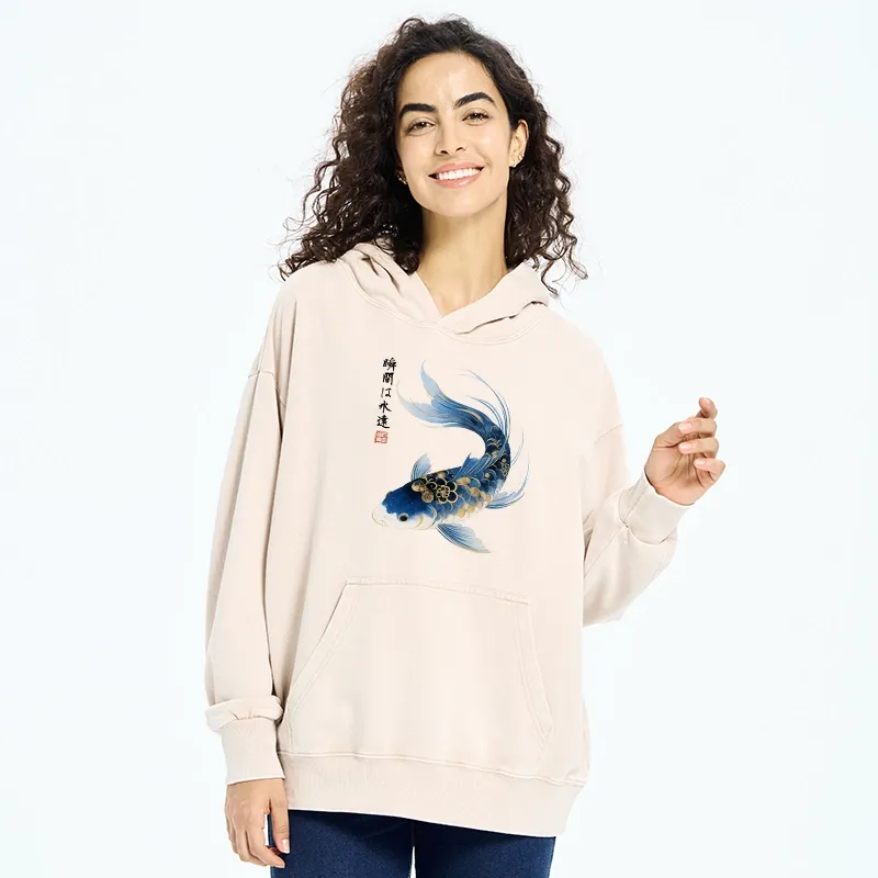 Tokyo-Tiger Elegant Koi Fish Watercolor Art Washed Hoodie