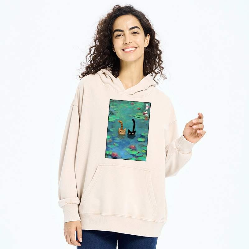 Tokyo-Tiger Funny Cats Swimming In Lilies Washed Hoodie