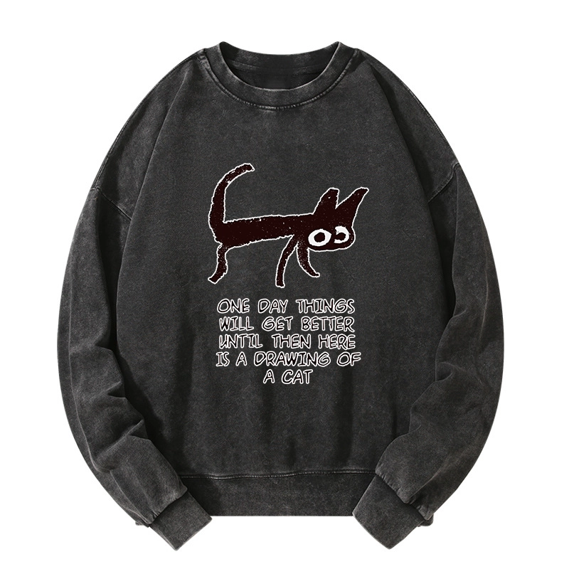 Tokyo-Tiger Cat Cheer Up Drawing Washed Sweatshirt