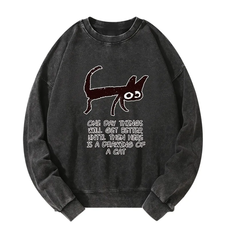 Tokyo-Tiger Cat Cheer Up Drawing Washed Sweatshirt