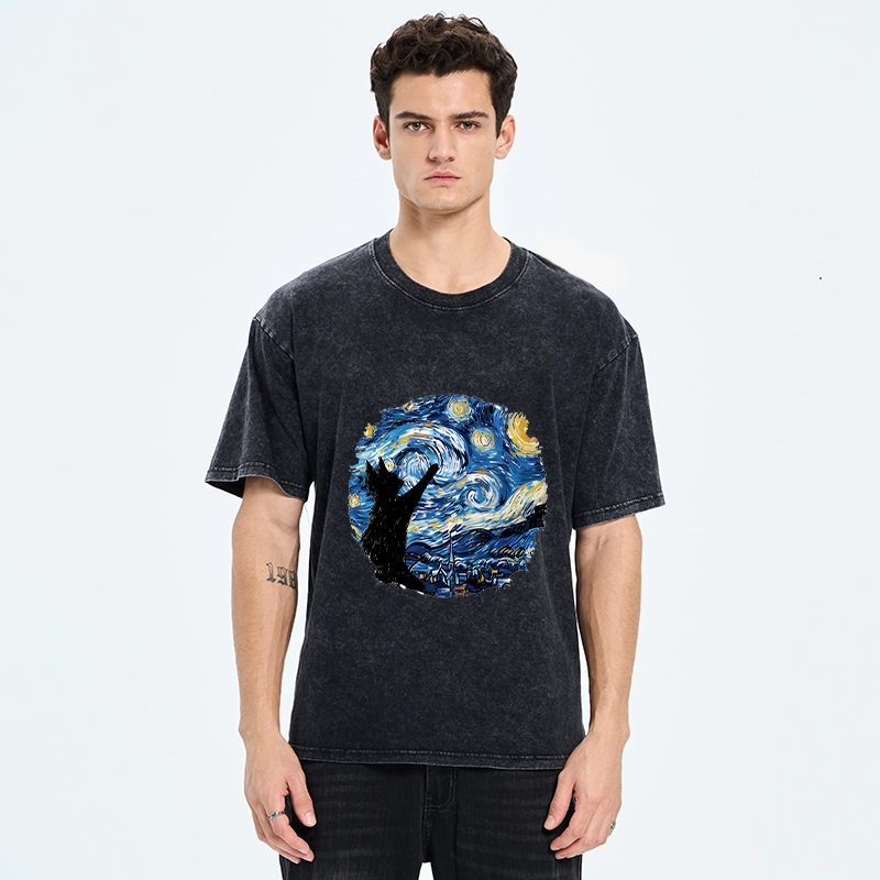 Tokyo-Tiger Starry Night Black Cat Washed T-Shirt