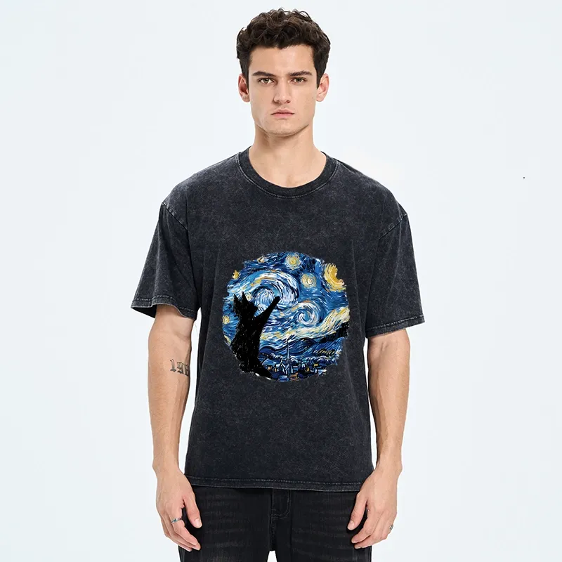 Tokyo-Tiger Starry Night Black Cat Washed T-Shirt