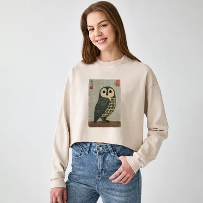 Tokyo-Tiger Traditional Owl In Japanese Art Washed Crop Sweatshirt