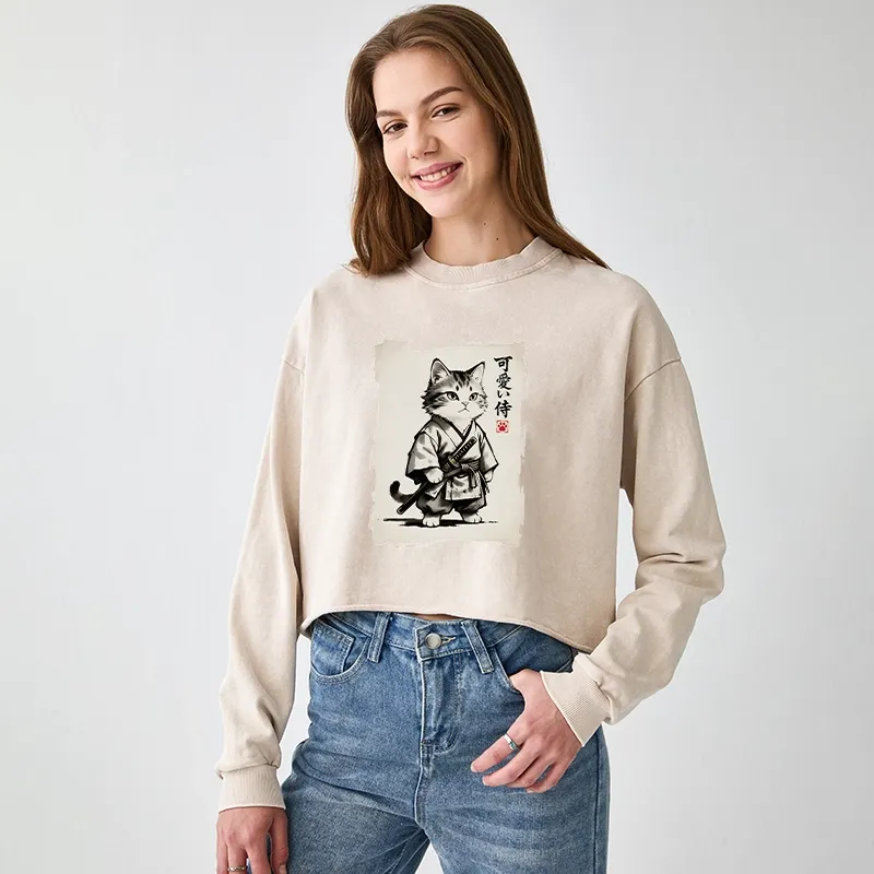 Tokyo-Tiger Japanese Samurai Cat Illustration Washed Crop Sweatshirt