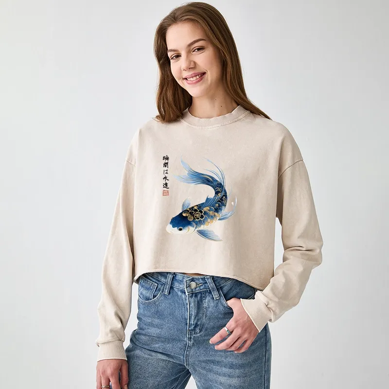 Tokyo-Tiger Elegant Koi Fish Watercolor Art Washed Crop Sweatshirt