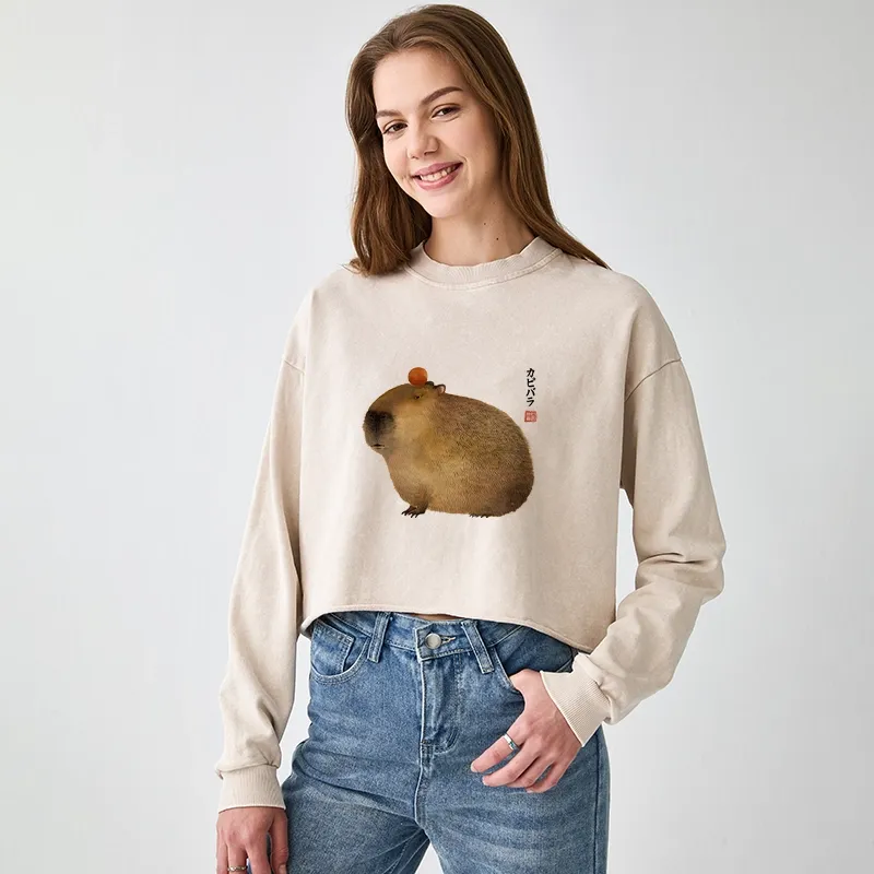 Tokyo-Tiger Calm Capybara Illustration Washed Crop Sweatshirt
