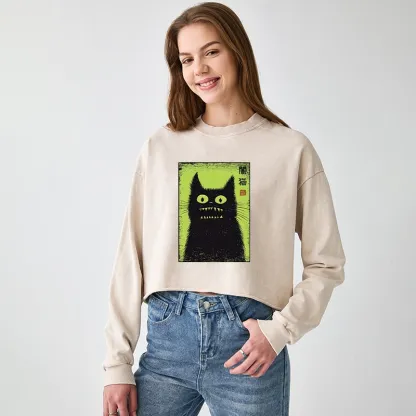 Tokyo-Tiger Spooky Black Cat Japanese Washed Crop Sweatshirt