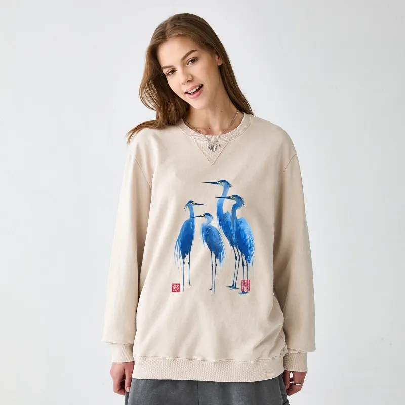 Tokyo-Tiger Flocks Of Great Blue Herons Washed Terry Sweatshirt