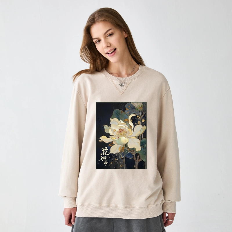 Tokyo-Tiger Lotus Adorned With Golden Specks Washed Terry Sweatshirt