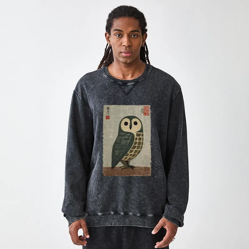 Tokyo-Tiger Traditional Owl In Japanese Art Washed Terry Sweatshirt