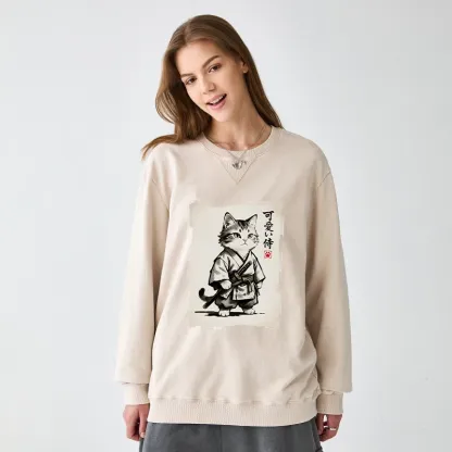 Tokyo-Tiger Japanese Samurai Cat Illustration Washed Terry Sweatshirt