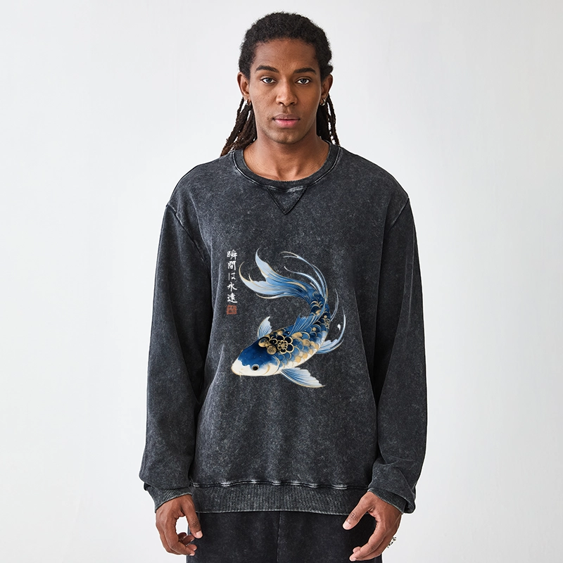 Tokyo-Tiger Elegant Koi Fish Watercolor Art Washed Terry Sweatshirt