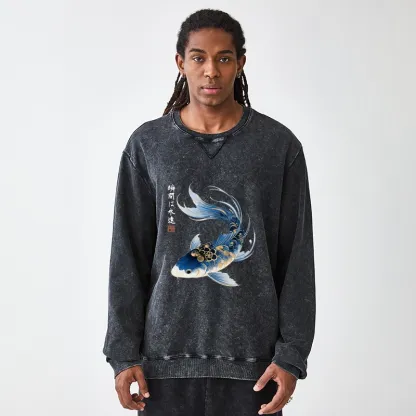Tokyo-Tiger Elegant Koi Fish Watercolor Art Washed Terry Sweatshirt
