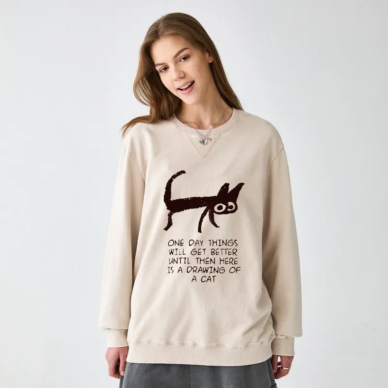 Tokyo-Tiger Cat Cheer Up Drawing Washed Terry Sweatshirt